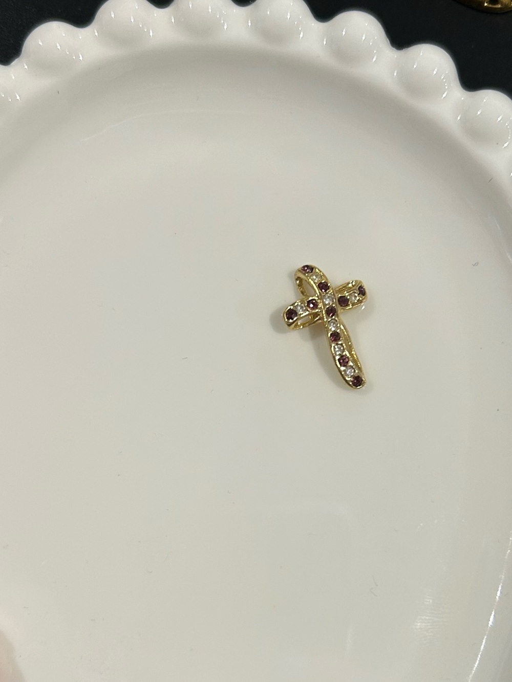 Gold Cross Charm Pendant with Purple and Clear Stones